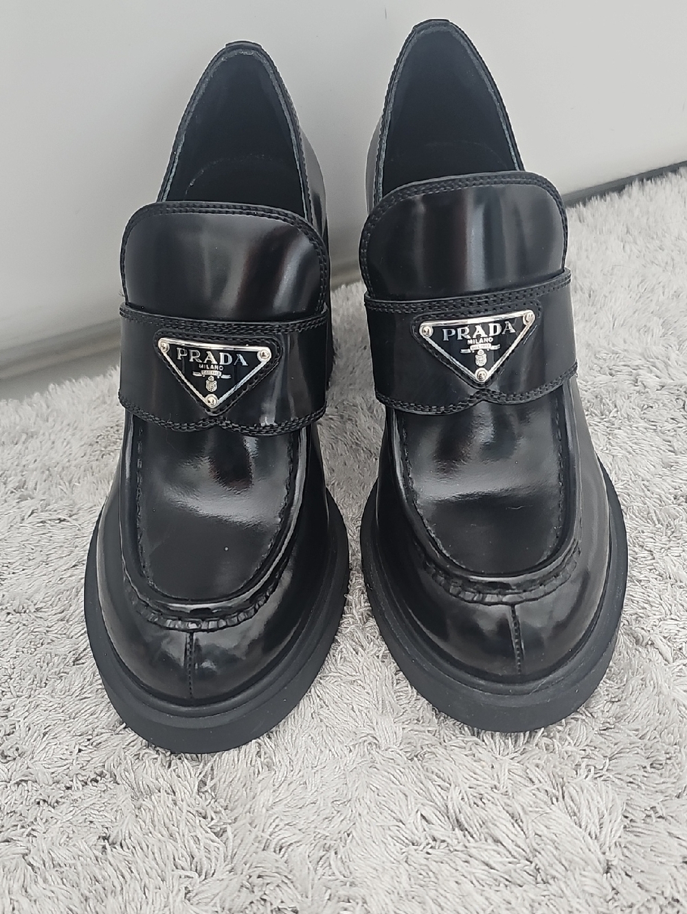 Prada Black Heeled Loafers with Silver Logo Triangle - Picture 2 of 10
